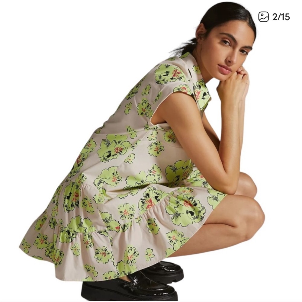 Anthropologie Maeve Swiss dot floral tiered shirt dress - Picture 3 of 3